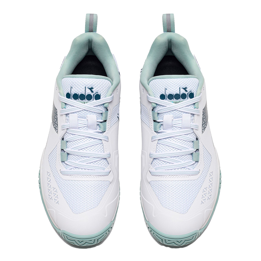 Diadora Blushield Torneo 2 AG — White - Legion Blue - Surf Spray — Size B — Width 6 — Side View