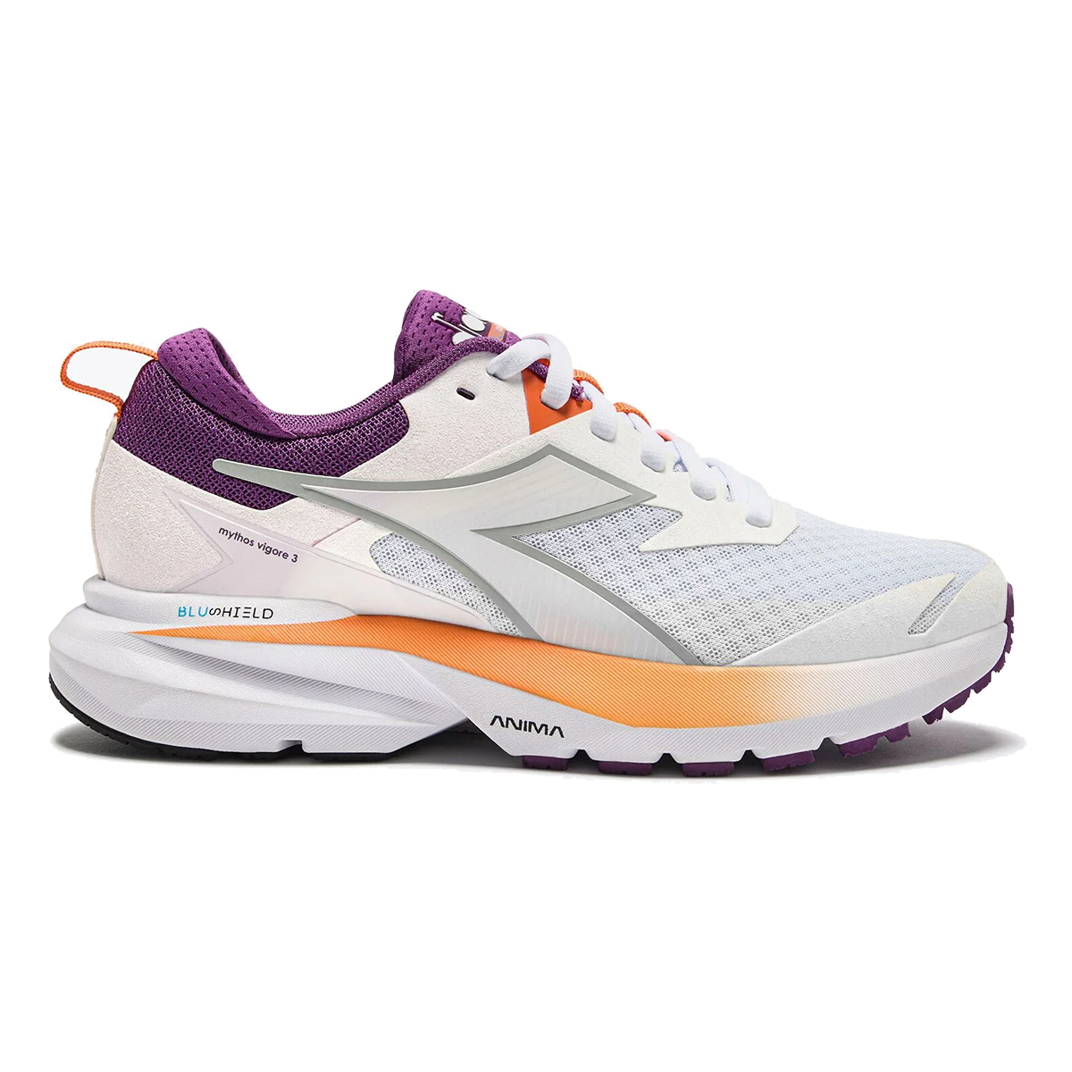 Diadora Mythos Blushield Vigore 3 — Silver DD - White - Black — Size B — Width 10 — Front View