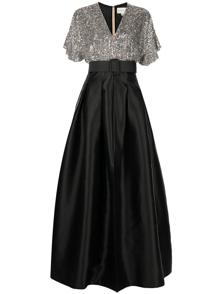 Sachin Babi Simone Sequin Embellished Gown — Black/ Silver — Size XS — Front View