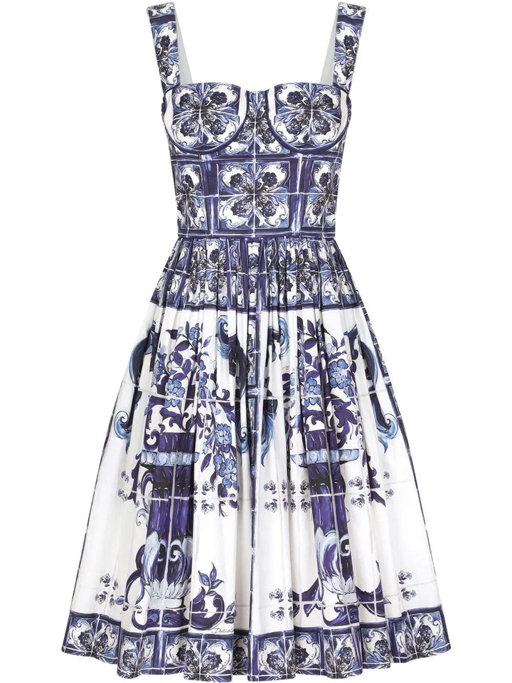 Dolce Gabbana Majolica Print Corset Midi Dress — White/ Blue — Size M — Front View