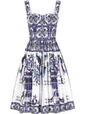 Dolce Gabbana Majolica Print Corset Midi Dress — White/ Blue — Size M — Front View