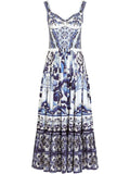 Dolce Gabbana Majolica Print Bustier Maxi Dress — White/ Blue — Size M — Front View