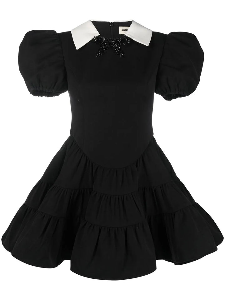 Shushutong Puff Sleeve Tiered Minidress — Black/ Red — Size XS — Front View