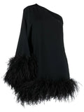 Taller Marmo Piccolo Ubud Feather Trim One Shoulder Dress — Black/ Red — Size S — Front View