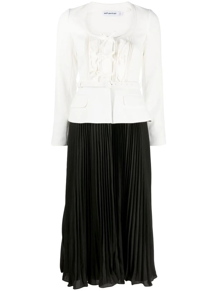 Self Portrait Pleated Skirt Midi Dress — Black/ Cream — Size XS — Front View