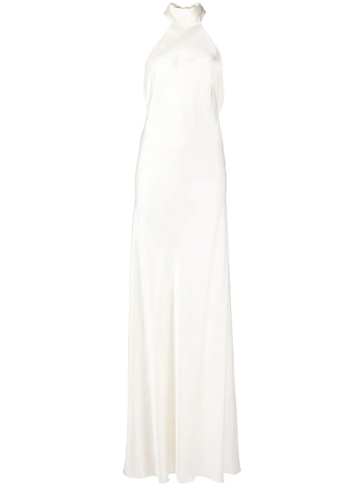 Michelle Mason Backless Halter Neck Tie Gown — White/ Ivory — Size XS — Front View