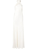 Michelle Mason Backless Halter Neck Tie Gown — White/ Ivory — Size XS — Front View