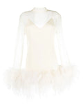 Taller Marmo Gina Spirito Feather Trim Minidress — White/ Ivory — Size S — Front View