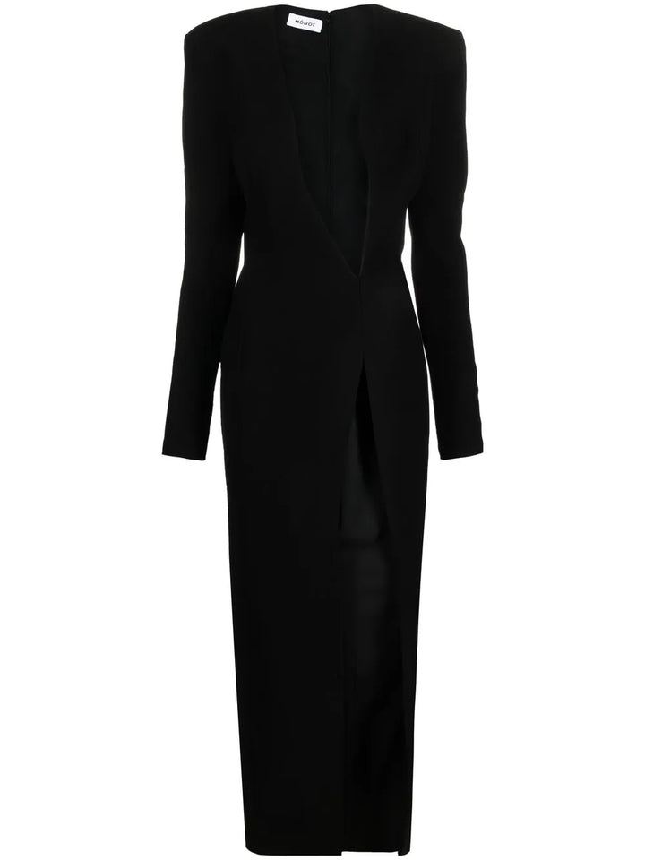 Monot Plunging V Neck Dress — Black — Size S — Front View