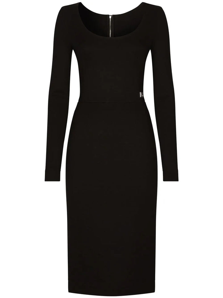 Dolce Gabbana Dg Logo Milano Rib Midi Dress — Black/ Gold — Size XL — Front View