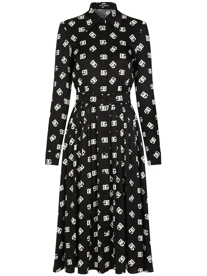 Dolce Gabbana Logo Print Belted Midi Dress — White/ Red — Size S — Front View