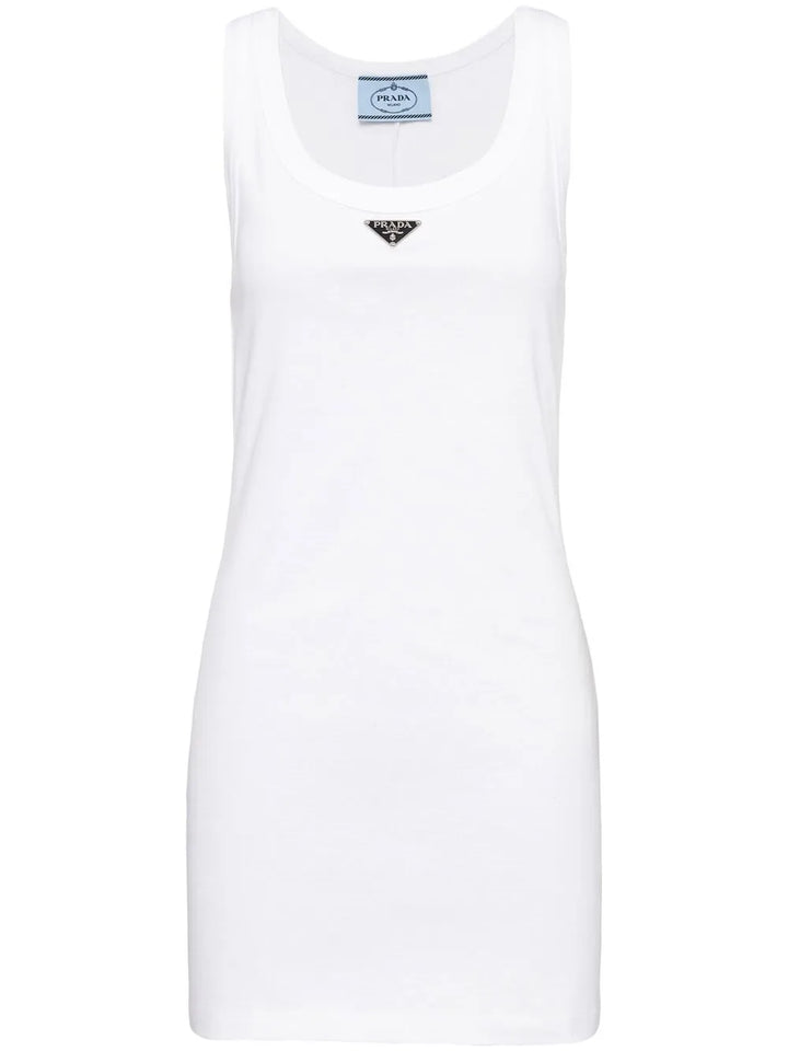 Prada Logo Plaque Ribbed Knit Minidress — White/ Tan/ Red — Size XS — Front View