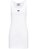 Prada Logo Plaque Ribbed Knit Minidress — White/ Tan/ Red — Size XS — Front View