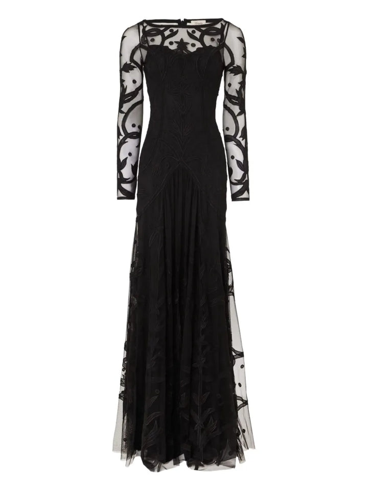 Temperley London Francine Tattoo Floral Embroidered Tulle Dress — Black/ Red — Size XS — Front View