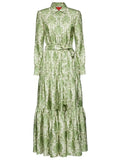 La Doublej Long Sleeve Tied Waist Dress — White/ Green/ Olive/ Cream — Size S — Front View