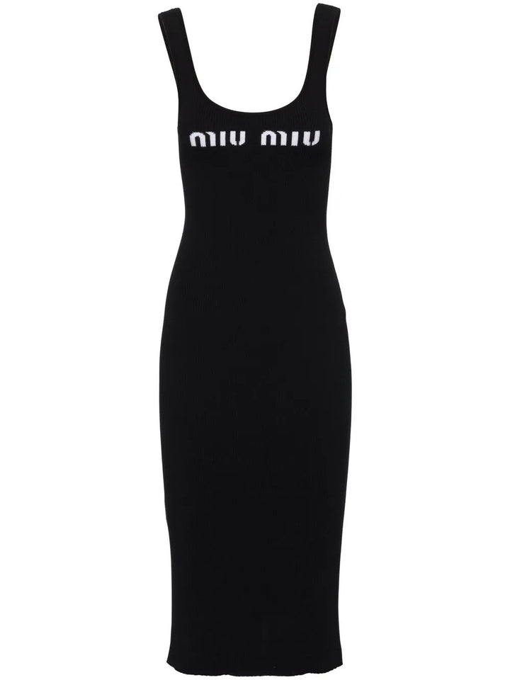 Miu Miu Logo Print Open Back Dress — Black/ White — Size XXL — Front View