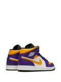 Air Jordan 1 Mid Lakers Sneakers — Dark Purple/Yellow/White/Black — Size US M 11.5 - US W 13 — Back View