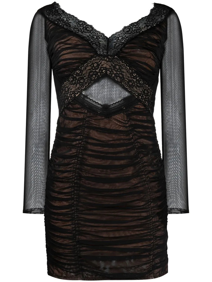 Self Portrait Lace Trim Mesh Mini Dress — Black — Size XS — Front View