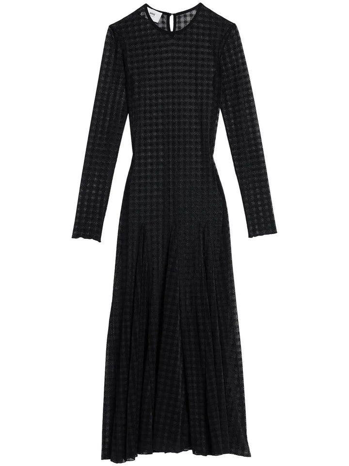 Ami Paris Checked Semi Sheer Midi Dress — Black/ Red — Size L — Front View