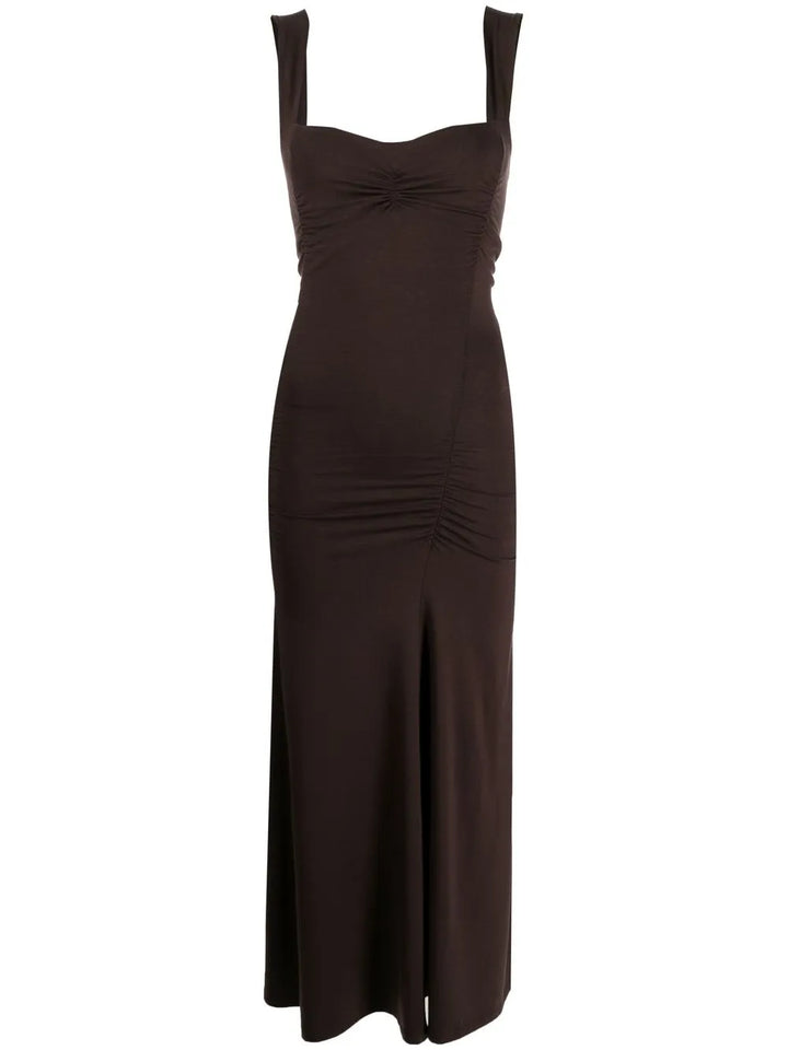 Reformation Suvi Ruched Midi Dress — Brown — Size XS — Front View