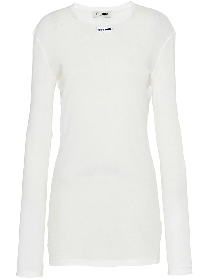 Miu Miu Logo Patch Ribbed Jersey Dress — White — Size XS — Front View