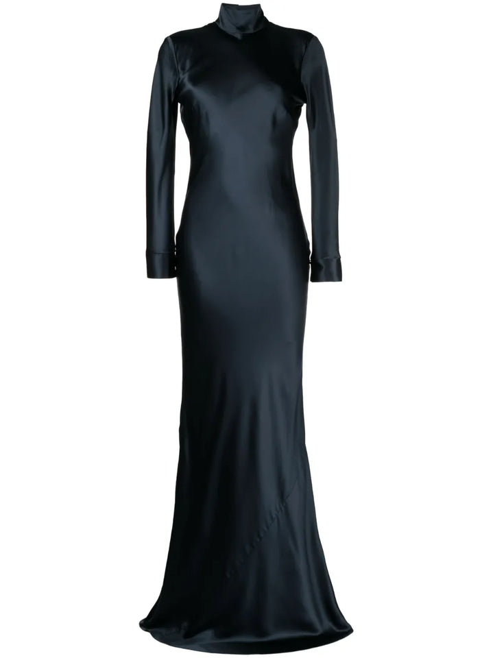 Michelle Mason Open Back Long Sleeve Gown Dress — Blue/ Navy — Size XS — Front View