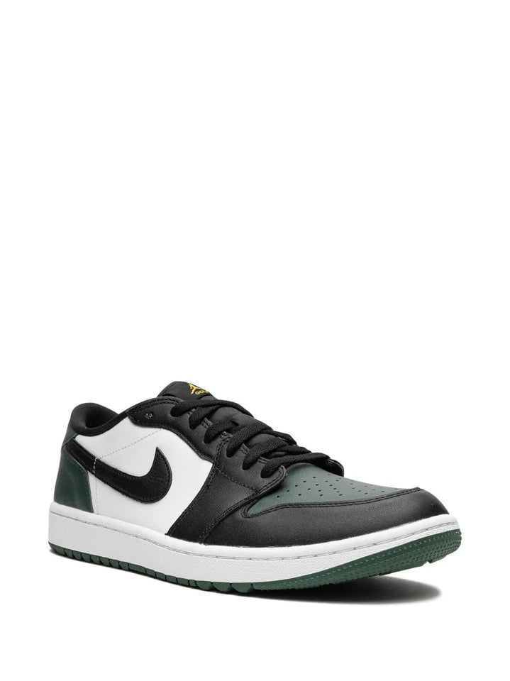 Air Jordan 1 Low G White/Black/Noble Green/Pollen Sneakers — Black/Dark Green/White — Size US M 9.5 - US W 11 — Side View