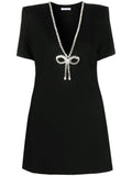 Area Crystal Embellished V Neck Mini Dress — Black — Size XS — Front View