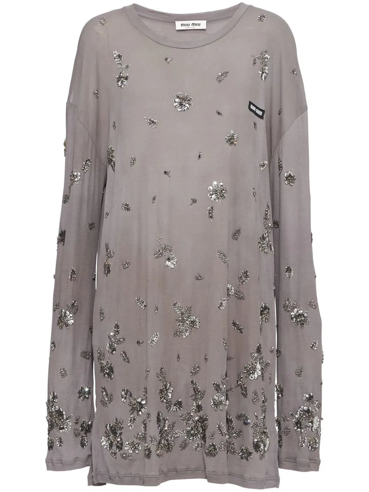 Miu Miu Sequin Embellished Jersey Dress — Grey — Size M — Front View