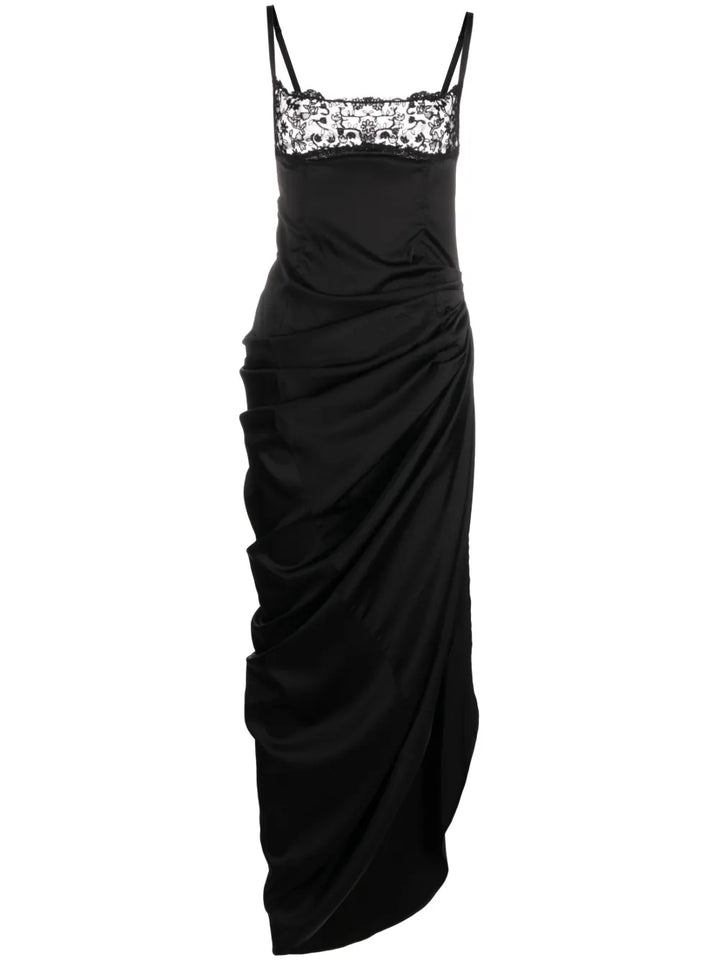 Jacquemus La Saudade Floral Embroidered Asymmetric Dress — Black/ Red — Size XS — Front View