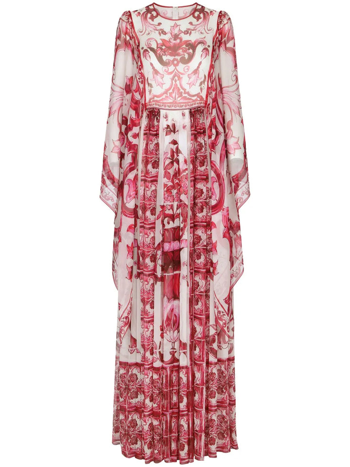 Dolce Gabbana Majolica Print Silk Maxi Dress — White/ Red — Size XS — Front View