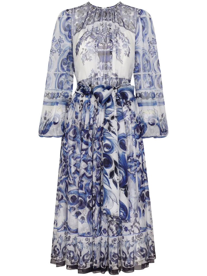Dolce Gabbana Majolica Print Silk Midi Dress — White/ Blue/ Red — Size XS — Front View