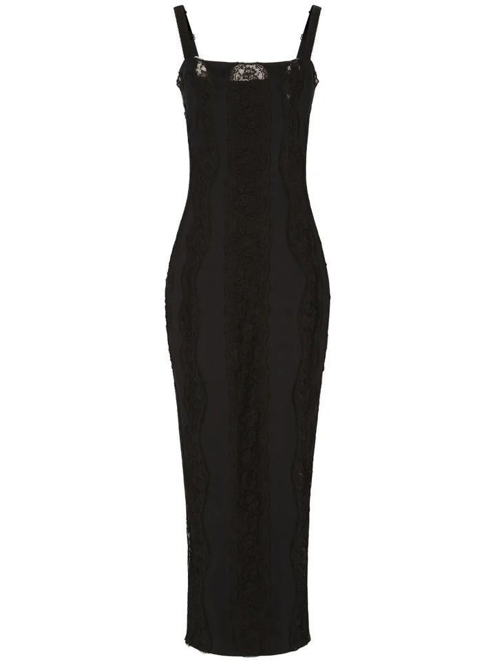 Dolce Gabbana Lace Embellished Midi Dress — Black — Size S — Front View