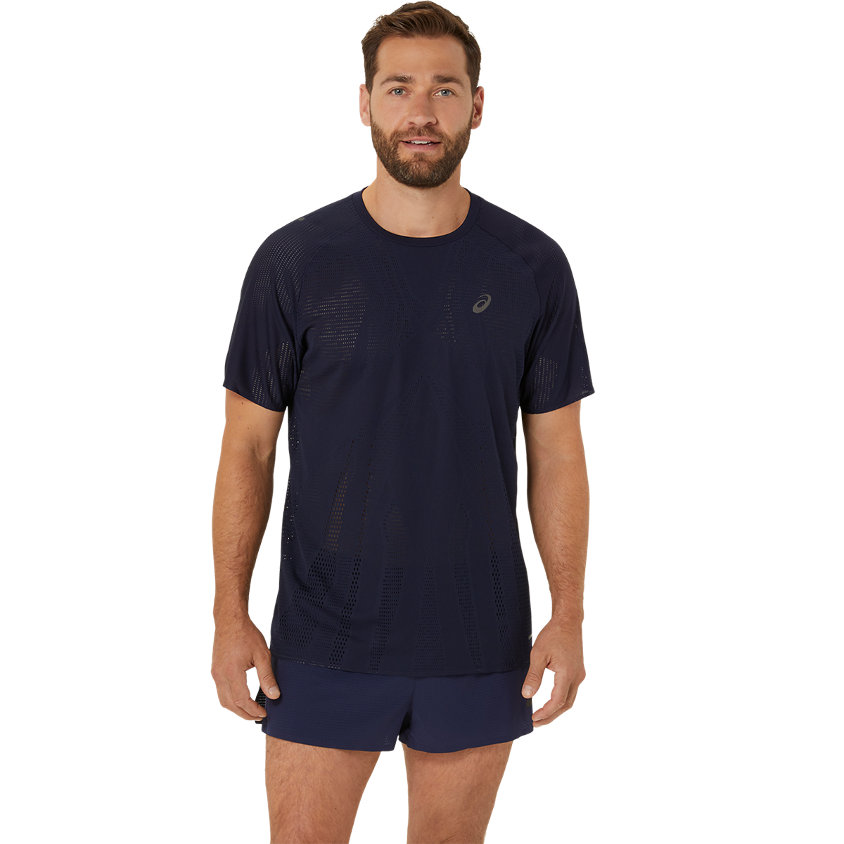 Asics Metarun Shortsleeve Tee — Denim Blue — Size Small — Front View