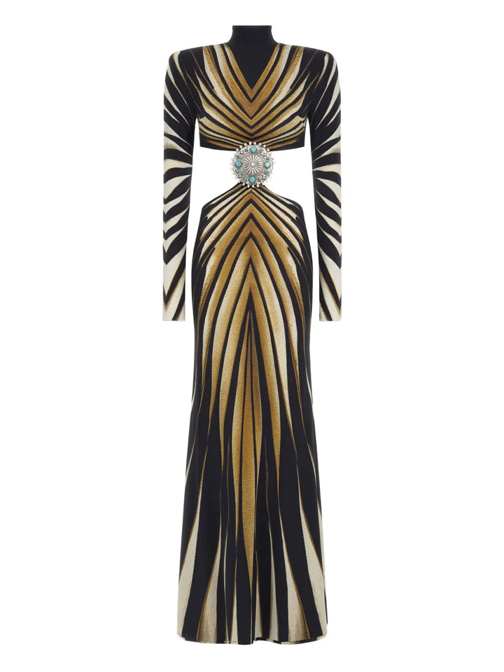 Roberto Cavalli Ray Of Gold Print Gown — Black/ Gold — Size XS — Front View