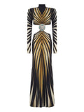 Roberto Cavalli Ray Of Gold Print Gown — Black/ Gold — Size XS — Front View