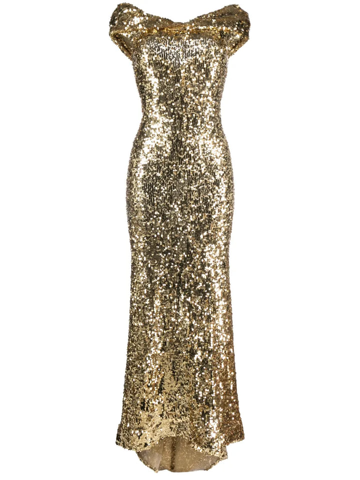 Atu Body Couture Sequin Embellished Gown — Red/ Gold — Size S — Front View
