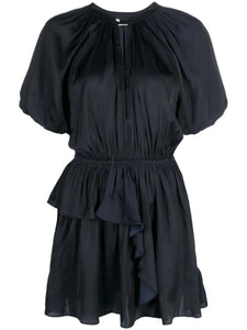 Zadigvoltaire Romina Puff Sleeve Ruched Mini Dress — Blue/ Red — Size XS — Front View