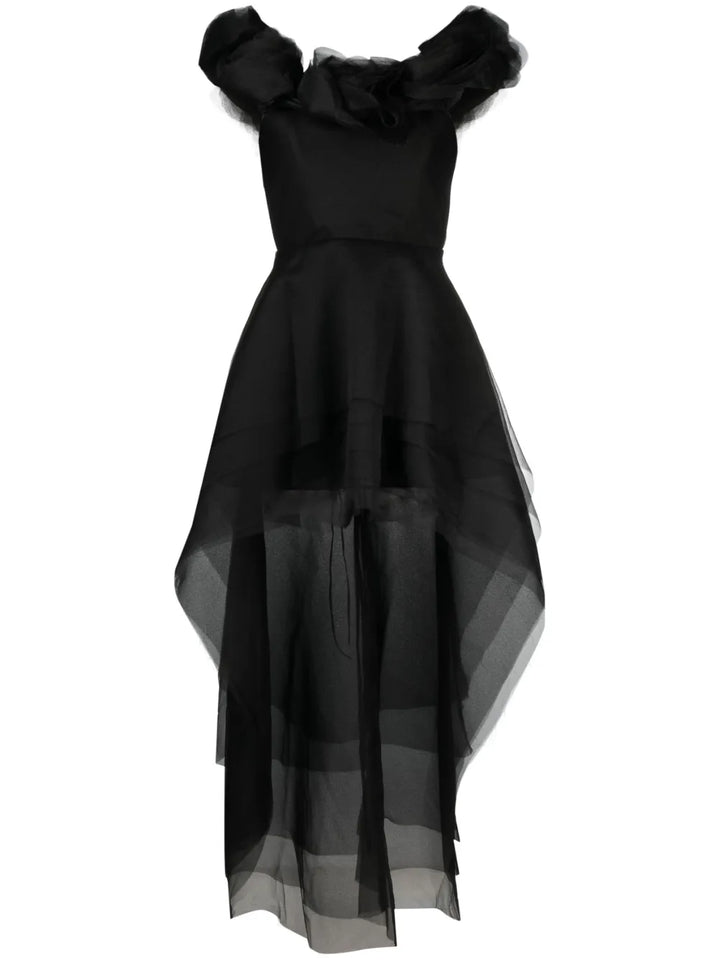 Ana Radu Floral Applique Organza Layered Dress — Black/ Red — Size XS — Front View