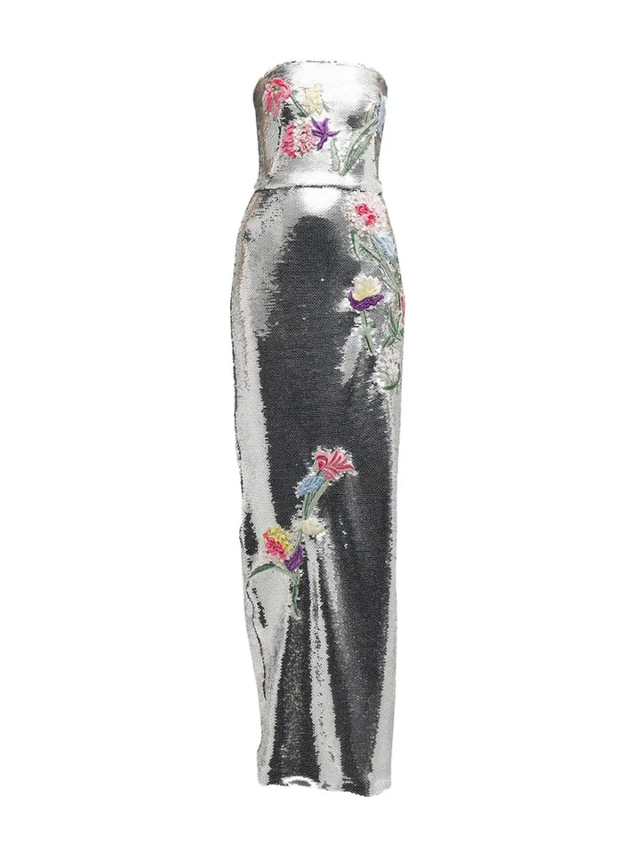Ml Monique Lhuillier Embroidered Sequin Embellished Dress — Red/ Silver — Size XS — Front View