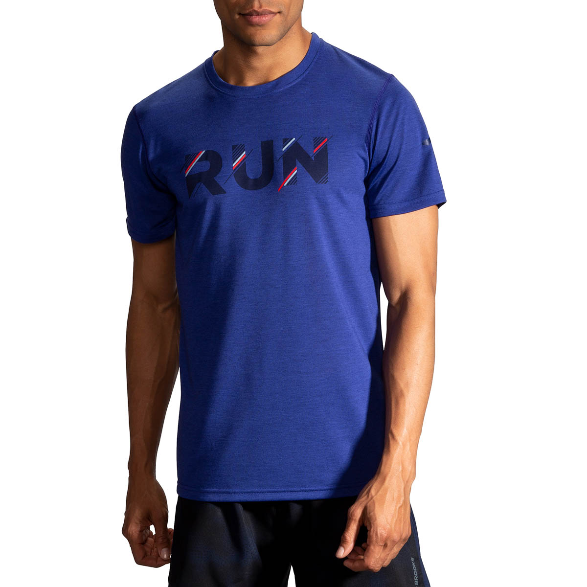 Brooks Distance Graphic Shortsleeve — Cobalt - Run Stripe — Size Small — Detail View