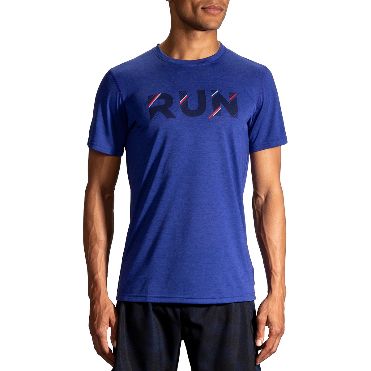 Brooks Distance Graphic Shortsleeve — Cobalt - Run Stripe — Size Small — Top View