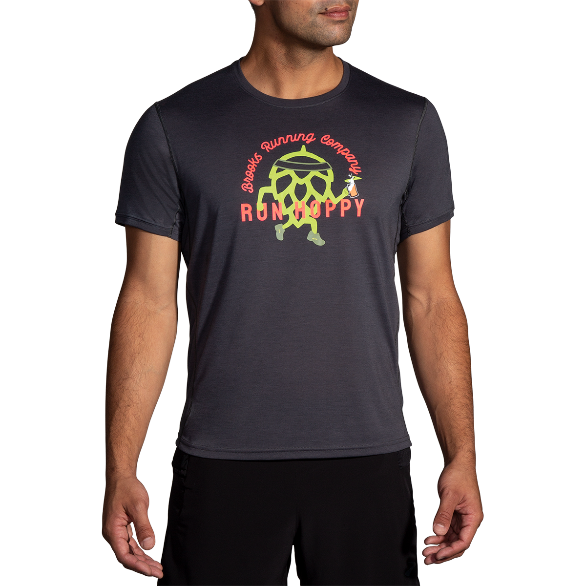 Brooks Run Hoppy Shortsleeve — Asphalt — Size Large — Front View