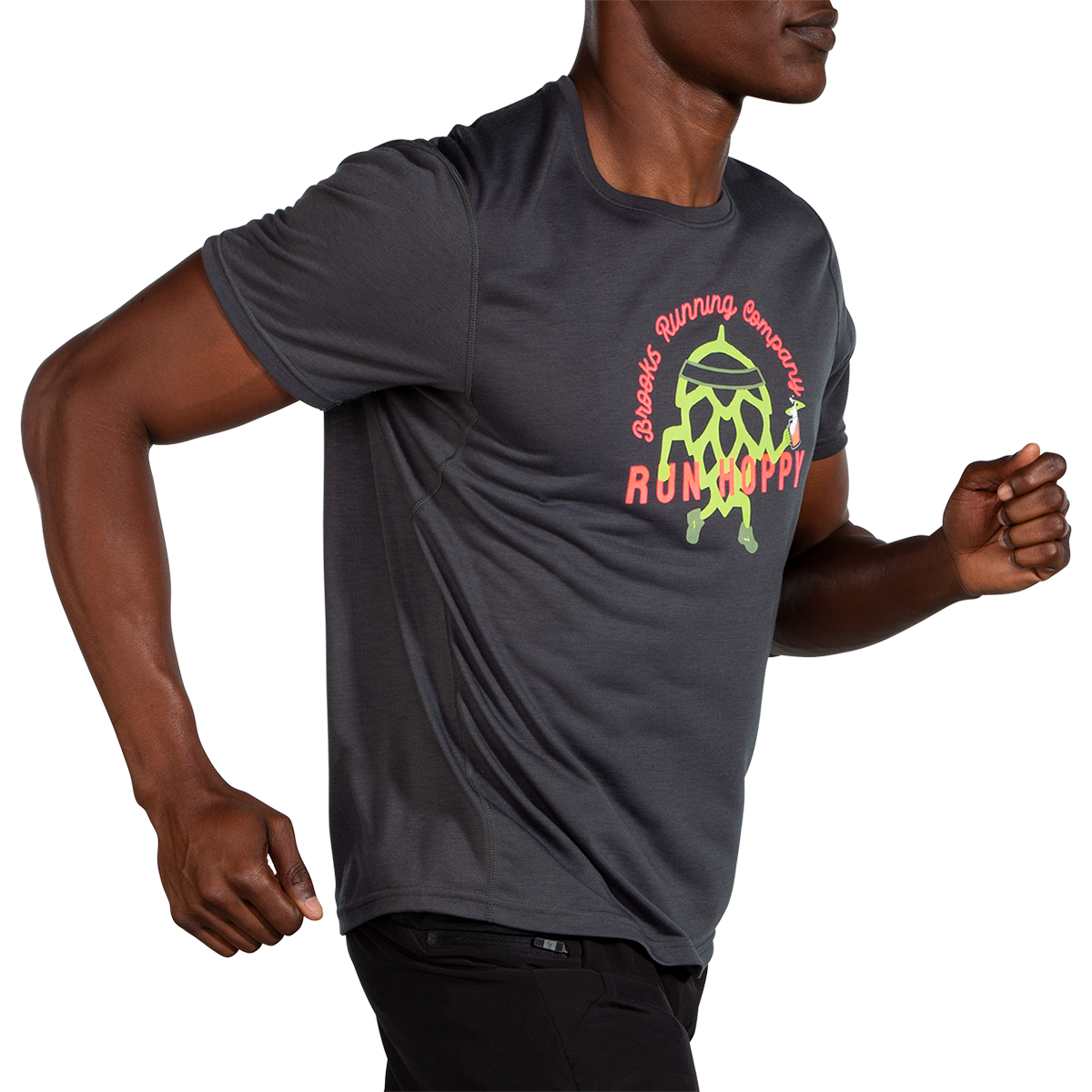 Brooks Run Hoppy Shortsleeve — Asphalt — Size Large — Side View