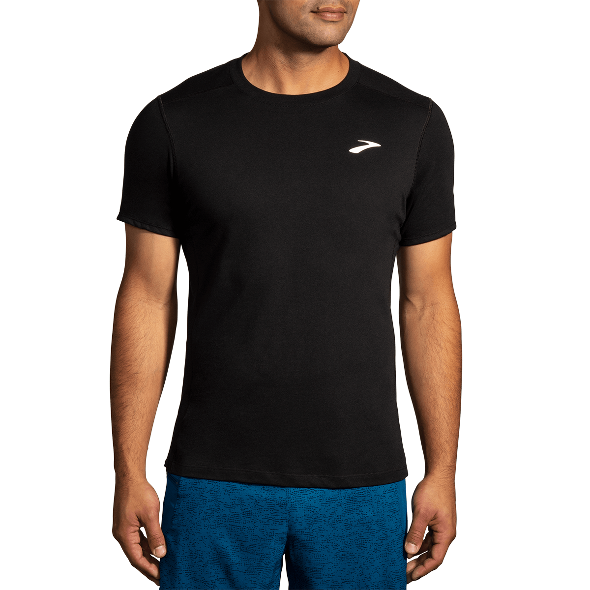 Brooks Distance 2.0 Shortsleeve — Heather Navy - BR Track Stripe — Size Small — Top View