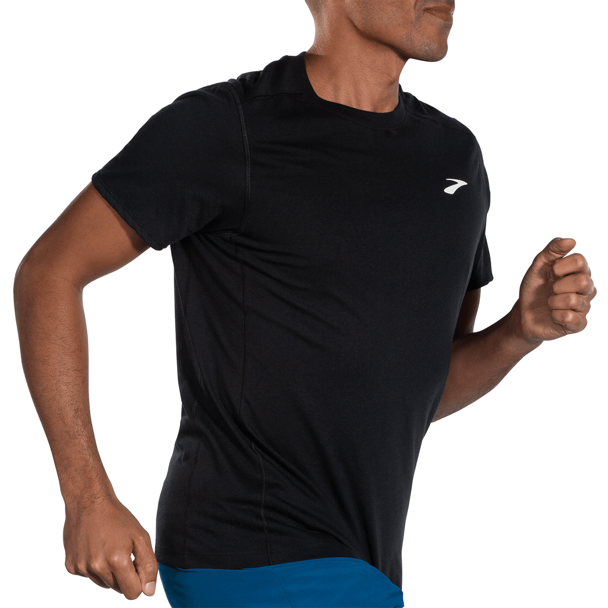 Brooks Distance 2.0 Shortsleeve — Heather Navy - BR Track Stripe — Size Small — Detail View
