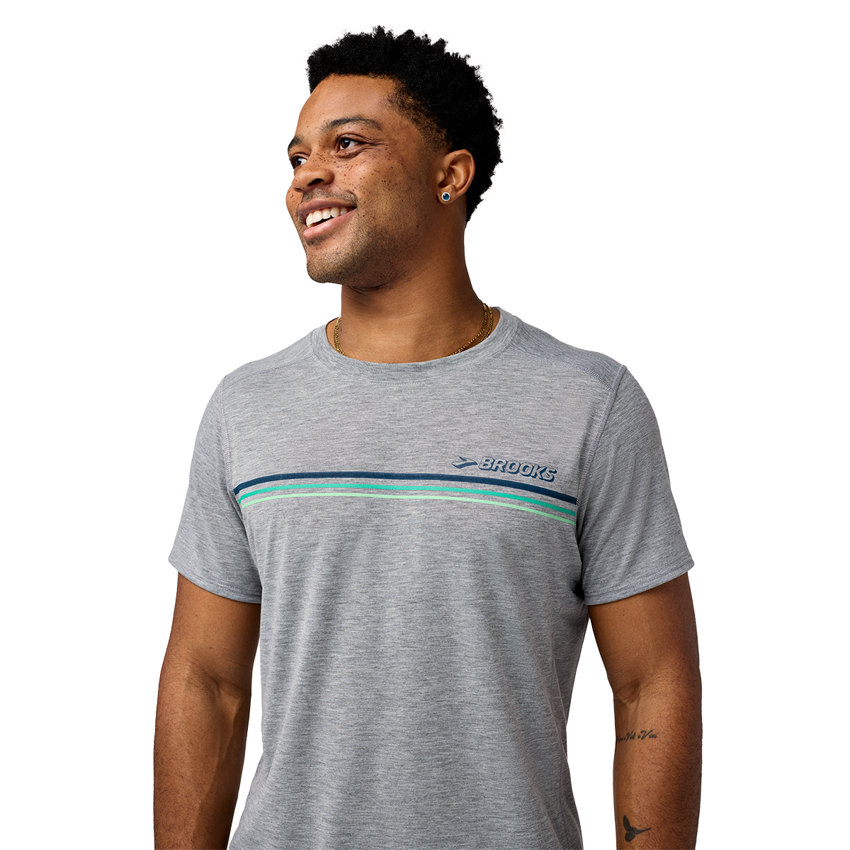 Brooks Distance Short Sleeve 3.0 — Htr Ash - Brooks Stripe — Size Small — Back View