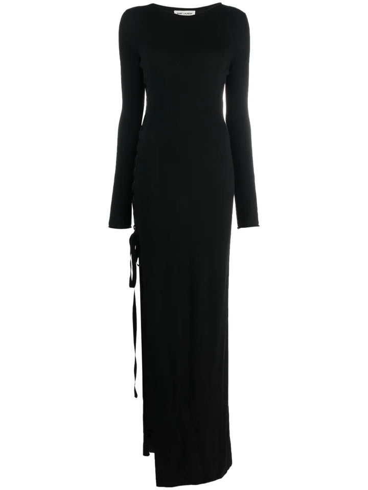 Saint Laurent Side Slit Wool Maxi Dress — Black — Size XS — Front View