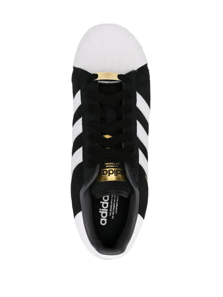 adidas Superstar Xlg Suede Leather Sneakers — Black/White/Gold-Tone — Size US M 9.5 - US W 11 — Top View