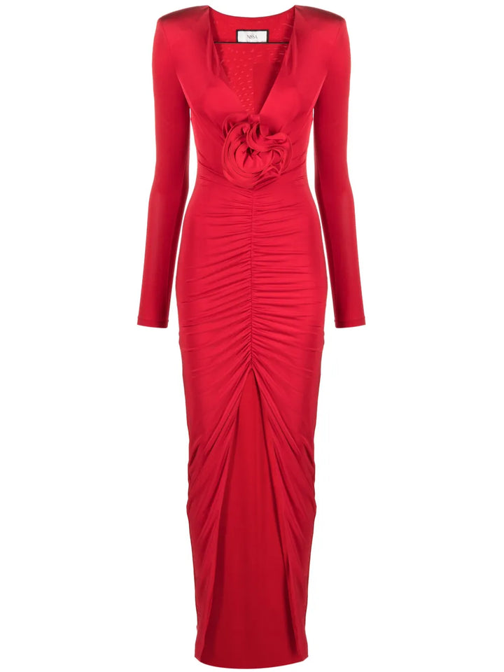 Nissa Floral Applique Ruched Maxi Dress — Red — Size S — Front View